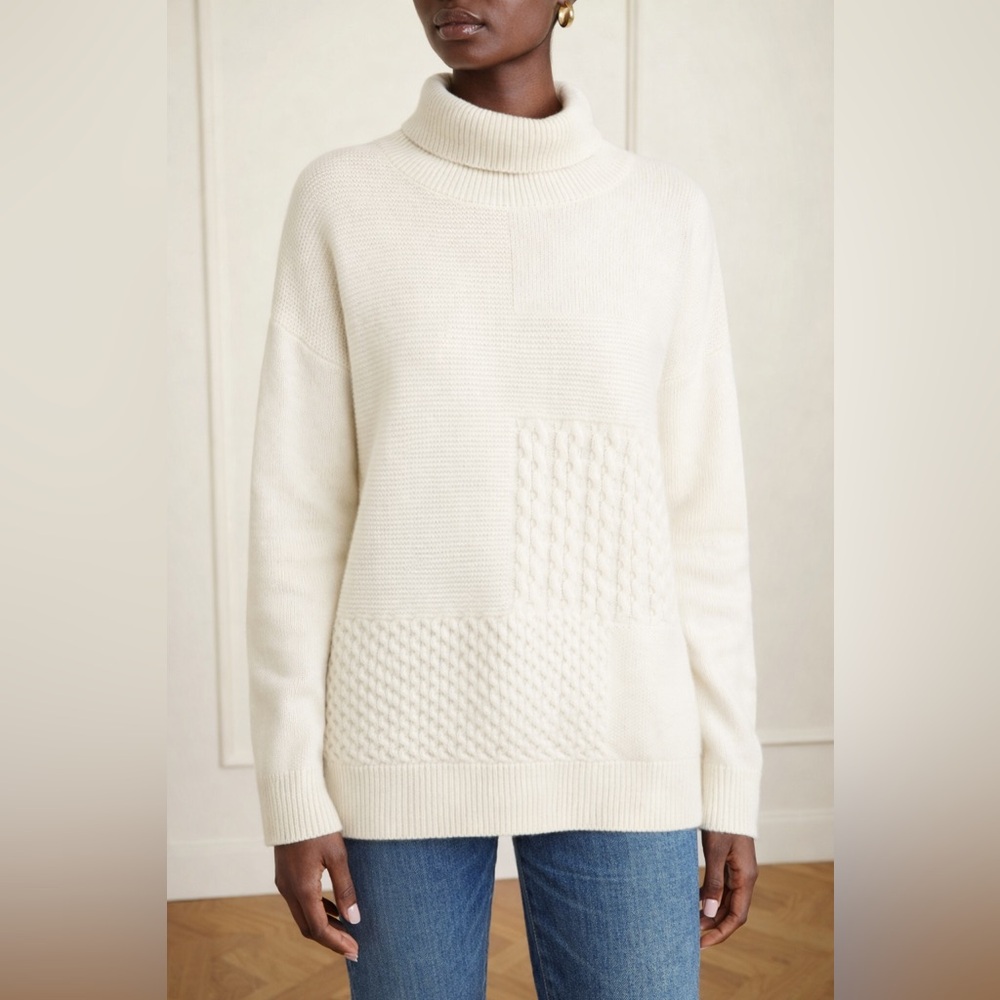 Nordstrom 100% Cashmere Patchwork Turtleneck Sweater Ivory Cream Sz M